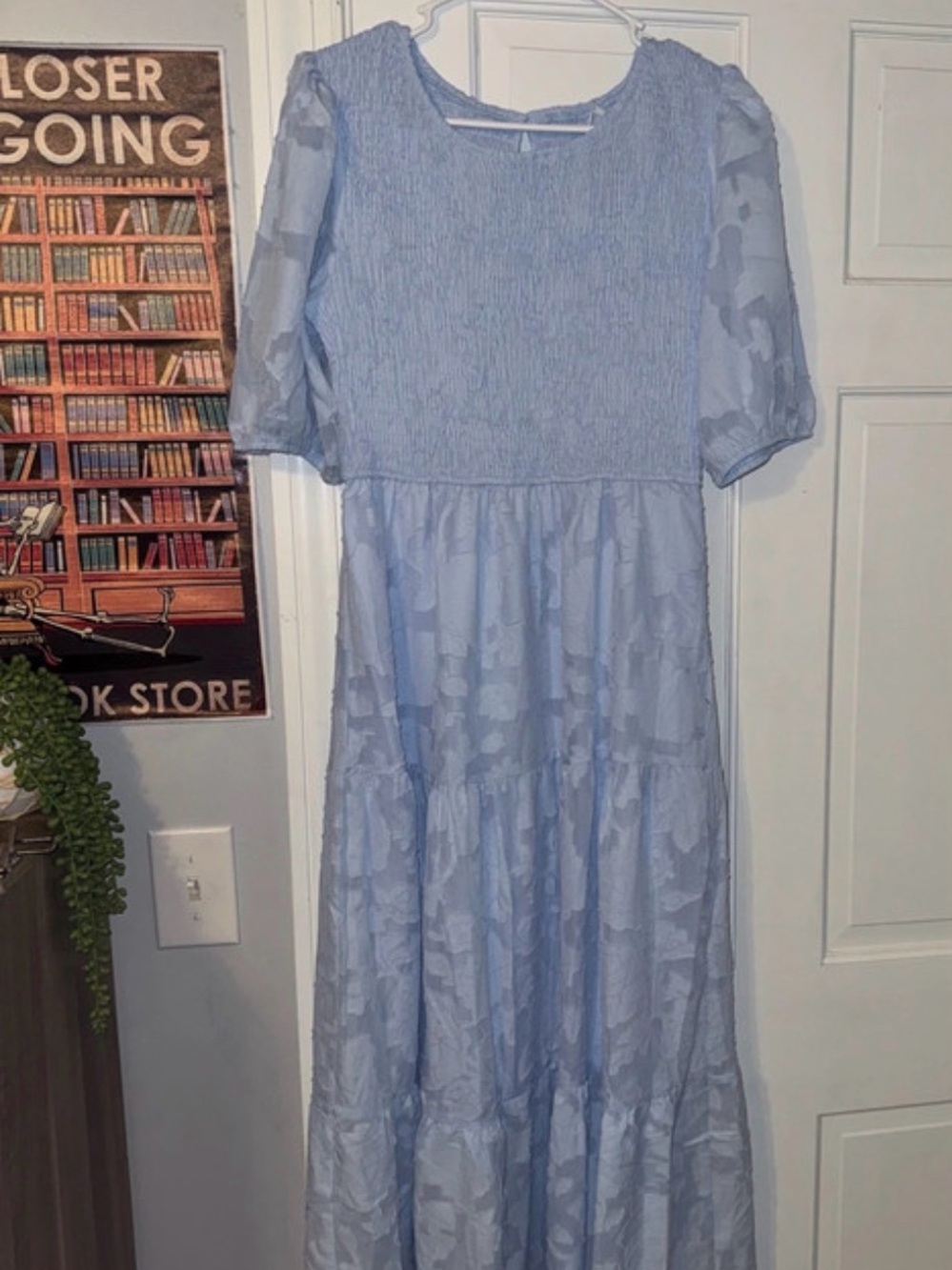Smocked Bodice Maxi Dress in Light Blue with Puff Sleeves